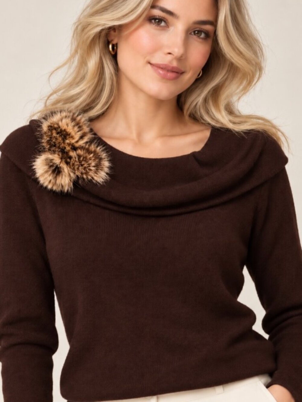 Adrianna Papell  choc brown cowl neck sweater LG  elegant faux fur